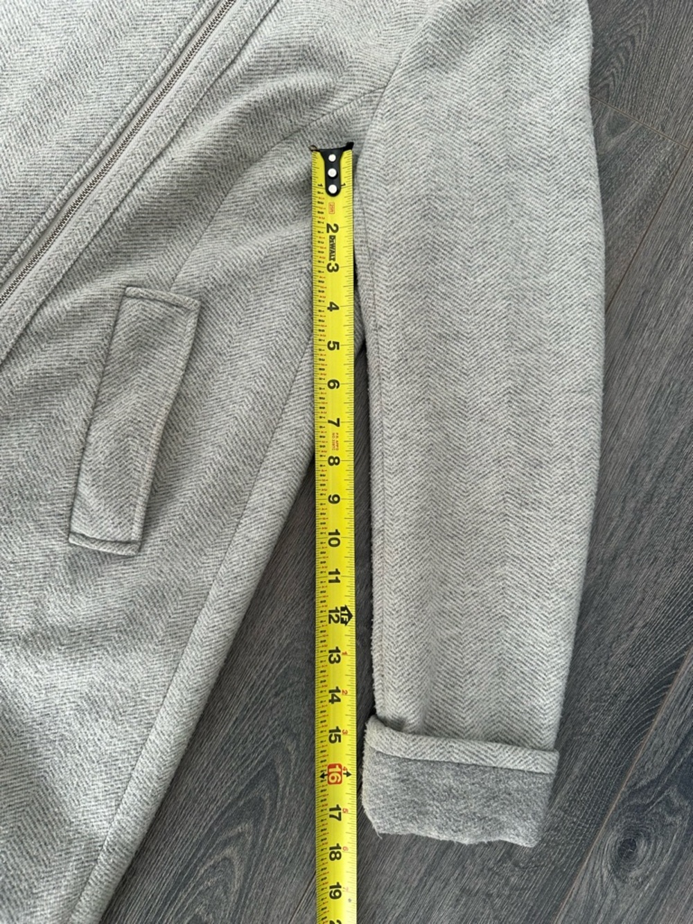 Le Chateau Grey Herringbone Asymmetrical Zip Hooded Jacket Long Chic Neutral Sm - Picture 7 of 14